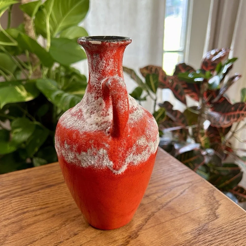 VTG Scheurich West German Pottery Fat Lava Pitcher Vase 2 20 MCM Poppy Red 8